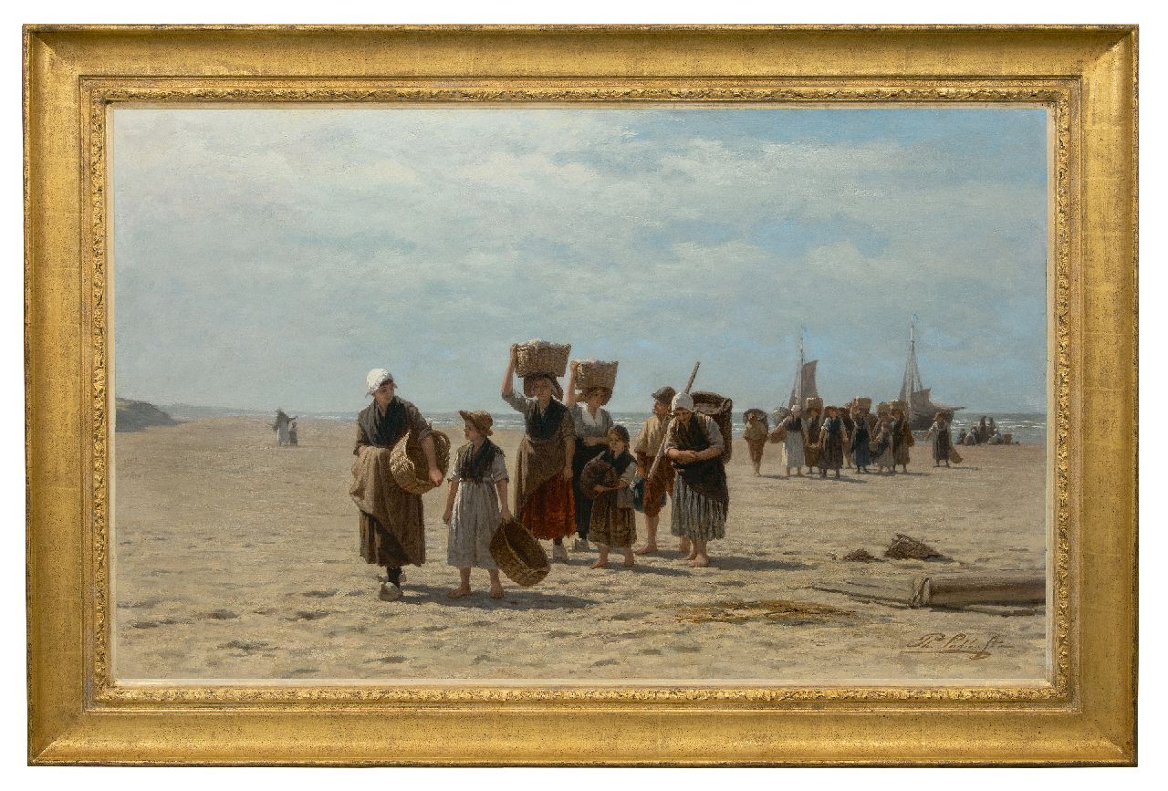 Sadée P.L.J.F.  | Philip Lodewijk Jacob Frederik Sadée, Het binnenbrengen van de vangst, Scheveningen, olieverf op doek 80,8 x 130,3 cm, gesigneerd rechtsonder