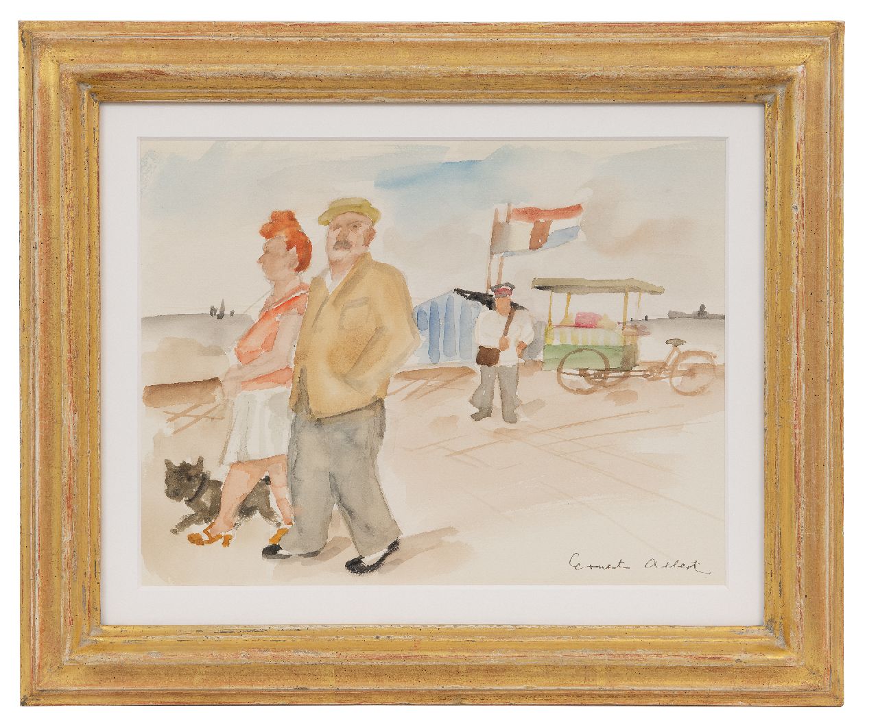 Albert E. | Ernest Albert | Aquarellen en tekeningen te koop aangeboden | Echtpaar met hond op de boulevard, aquarel op papier 26,0 x 35,0 cm, gesigneerd rechtsonder Albert E. | Ernest Albert | Aquarellen en tekeningen te koop aangeboden | Echtpaar met hond op de boulevard, aquarel op papier 26,0 x 35,0 cm, gesigneerd rechtsonder