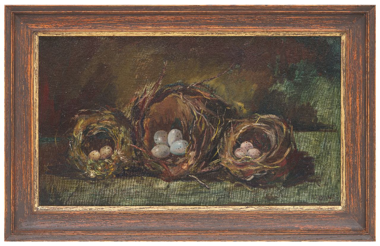 Bieruma Oosting A.J.W. | Adriana Johanna Wilhelmina 'Jeanne' Bieruma Oosting, Drie vogelnesten, olieverf op doek 27,2 x 46,3 cm, gesigneerd rechtsonder en te dateren ca. 1922 Bieruma Oosting A.J.W. | Adriana Johanna Wilhelmina 'Jeanne' Bieruma Oosting, Drie vogelnesten, olieverf op doek 27,2 x 46,3 cm, gesigneerd rechtsonder en te dateren ca. 1922