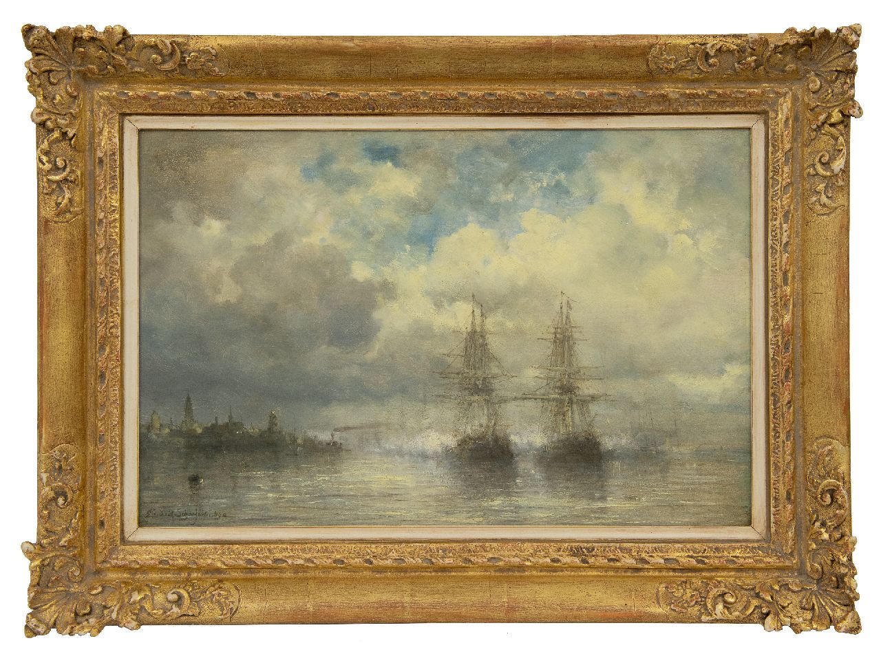 Schaefels H.F.  | 'Hendrik' Frans Schaefels | Schilderijen te koop aangeboden | Driemasters op de Schelde bij Antwerpen, olieverf op paneel 31,5 x 48,0 cm, gesigneerd linksonder en gedateerd 1890