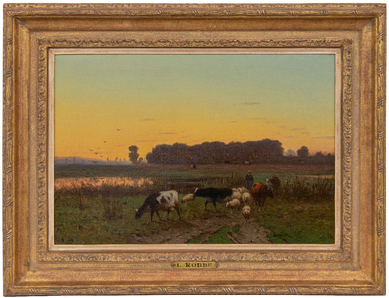 Robbe H.A. | Henri Alexander Robbe | Schilderijen te koop aangeboden | Herderin en vee op weg naar huis, olieverf op doek 34,1 x 49,8 cm, gesigneerd rechtsonder Robbe H.A. | Henri Alexander Robbe | Schilderijen te koop aangeboden | Herderin en vee op weg naar huis, olieverf op doek 34,1 x 49,8 cm, gesigneerd rechtsonder
