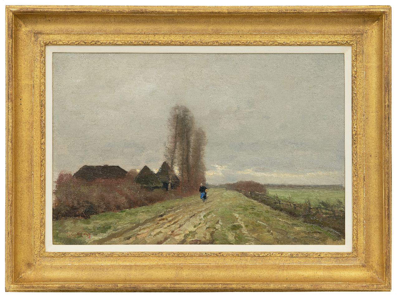 Apol L.F.H.  | Lodewijk Franciscus Hendrik 'Louis' Apol, Boerenvrouw op een landweg, olieverf op doek op paneel 30,2 x 45,5 cm, gesigneerd linksonder