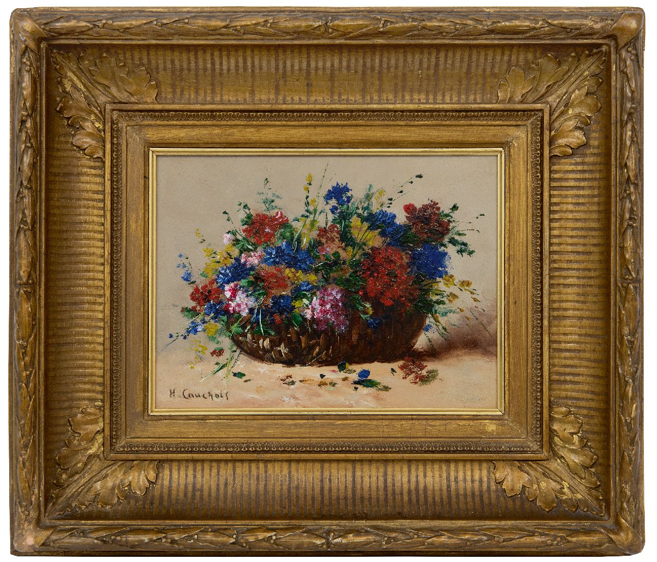 Cauchois E.H. | Eugène-Henri Cauchois, Zomerbloemen in een mand, olieverf op paneel 16,8 x 24,1 cm, gesigneerd linksonder Cauchois E.H. | Eugène-Henri Cauchois, Zomerbloemen in een mand, olieverf op paneel 16,8 x 24,1 cm, gesigneerd linksonder
