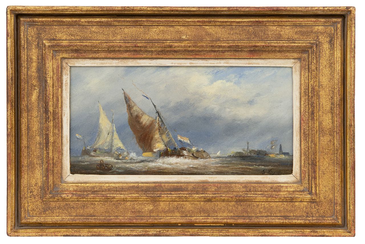 Prooijen A.J. van | Albert Jurardus van Prooijen | Schilderijen te koop aangeboden | Laverende tjalken bij stormweer, olieverf op paneel 14,7 x 29,4 cm, gesigneerd rechtsonder Prooijen A.J. van | Albert Jurardus van Prooijen | Schilderijen te koop aangeboden | Laverende tjalken bij stormweer, olieverf op paneel 14,7 x 29,4 cm, gesigneerd rechtsonder