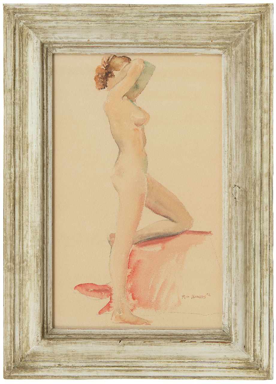Hamers P.J. | Philippus Jacob 'Flip' Hamers, Staand naakt, aquarel op papier 49,4 x 32,4 cm, gesigneerd rechtsonder en gedateerd '52 Hamers P.J. | Philippus Jacob 'Flip' Hamers, Staand naakt, aquarel op papier 49,4 x 32,4 cm, gesigneerd rechtsonder en gedateerd '52