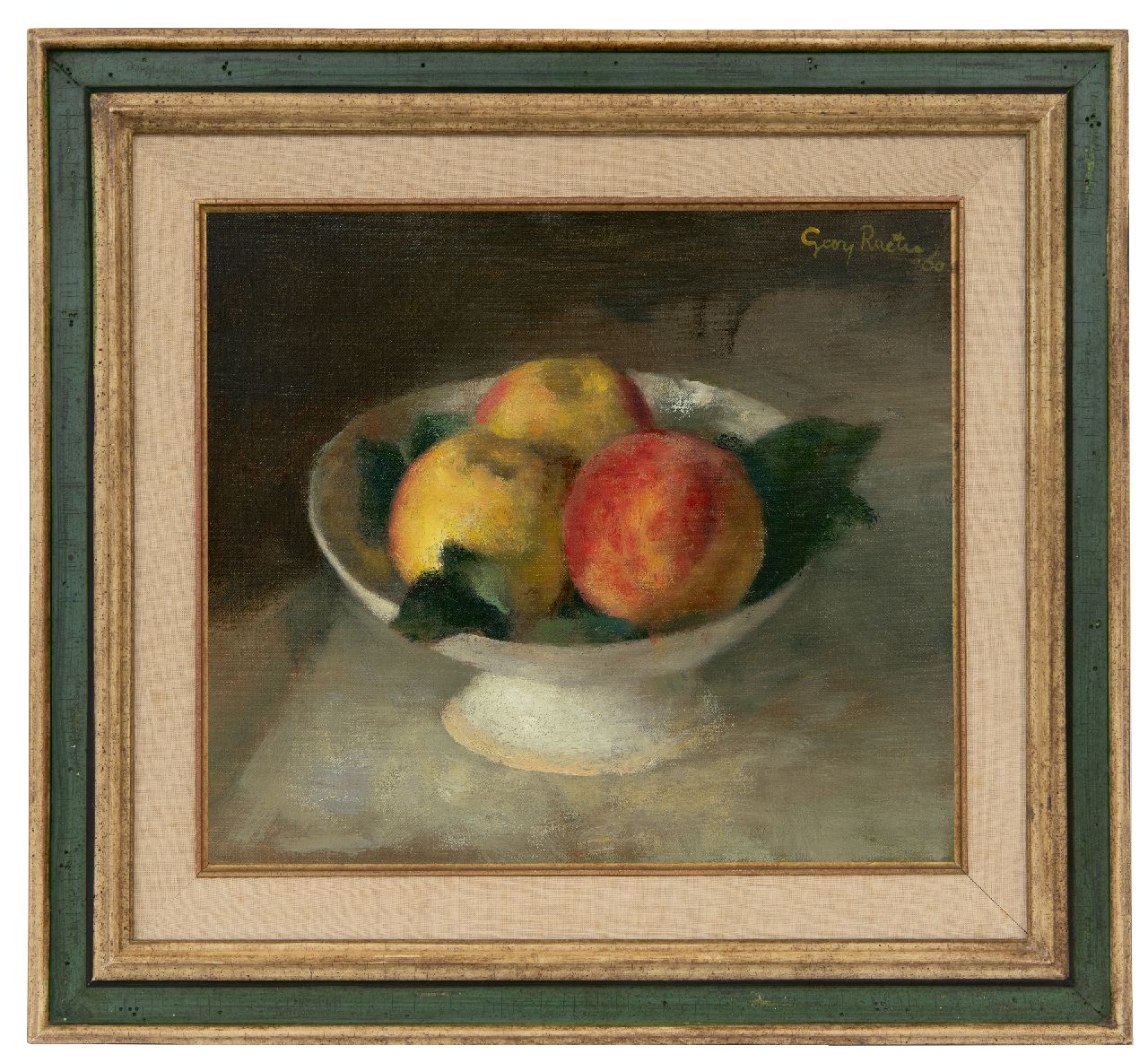 Rueter W.C.G. | Wilhelm Christian 'Georg' Rueter | Schilderijen te koop aangeboden | Perziken in witte schaal, olieverf op doek 28,0 x 32,2 cm, gesigneerd rechtsboven en gedateerd '60 Rueter W.C.G. | Wilhelm Christian 'Georg' Rueter | Schilderijen te koop aangeboden | Perziken in witte schaal, olieverf op doek 28,0 x 32,2 cm, gesigneerd rechtsboven en gedateerd '60