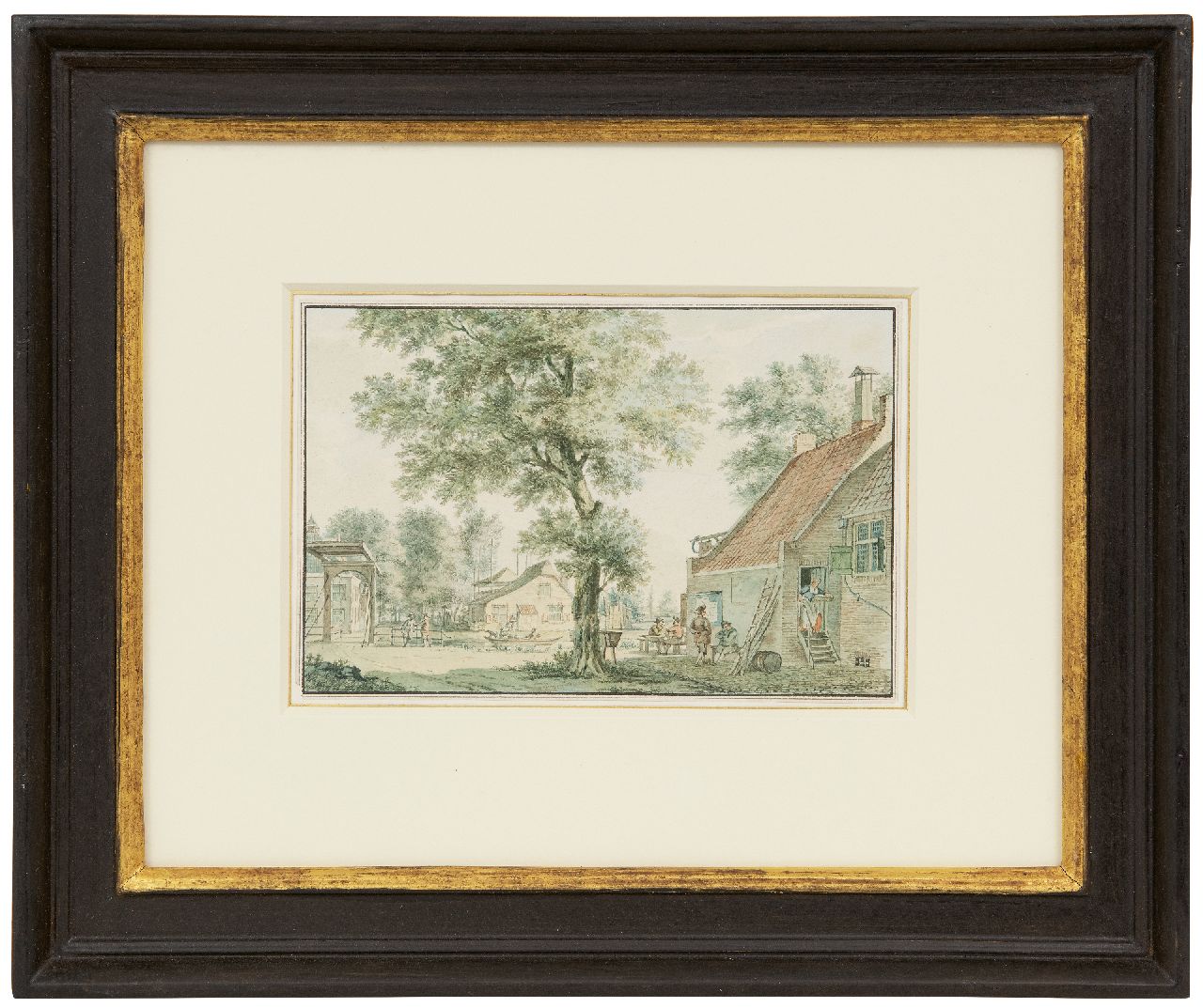 Schmidt I. | Izaäk Schmidt | Aquarellen en tekeningen te koop aangeboden | Dorpsgezicht met figuren bij een herberg, aquarel op papier 12,6 x 18,3 cm, gesigneerd verso Schmidt I. | Izaäk Schmidt | Aquarellen en tekeningen te koop aangeboden | Dorpsgezicht met figuren bij een herberg, aquarel op papier 12,6 x 18,3 cm, gesigneerd verso