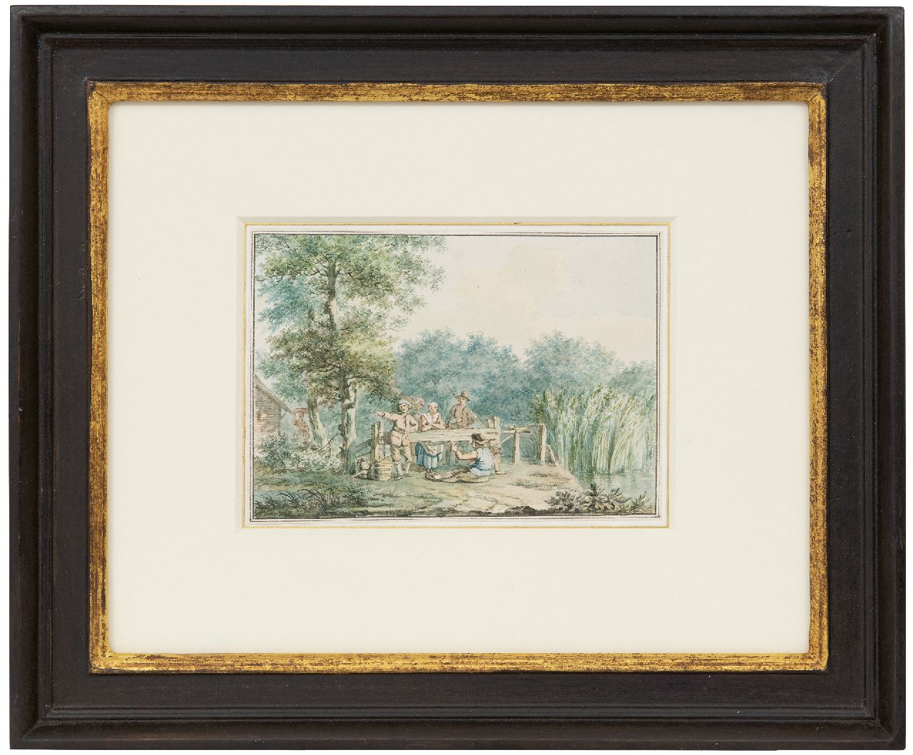 Schmidt I.  | Izaäk Schmidt | Aquarellen en tekeningen te koop aangeboden | Landvolk bij een hek, zwart krijt en aquarel op papier 11,9 x 16,8 cm, gesigneerd middenonder en verso en verso gedateerd 1779