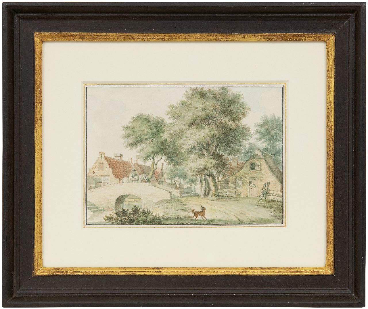 Schmidt I. | Izaäk Schmidt | Aquarellen en tekeningen te koop aangeboden | Dorpsgezicht met figuren bij een stenen brug, aquarel op papier 14,1 x 20,1 cm, gesigneerd verso Schmidt I. | Izaäk Schmidt | Aquarellen en tekeningen te koop aangeboden | Dorpsgezicht met figuren bij een stenen brug, aquarel op papier 14,1 x 20,1 cm, gesigneerd verso