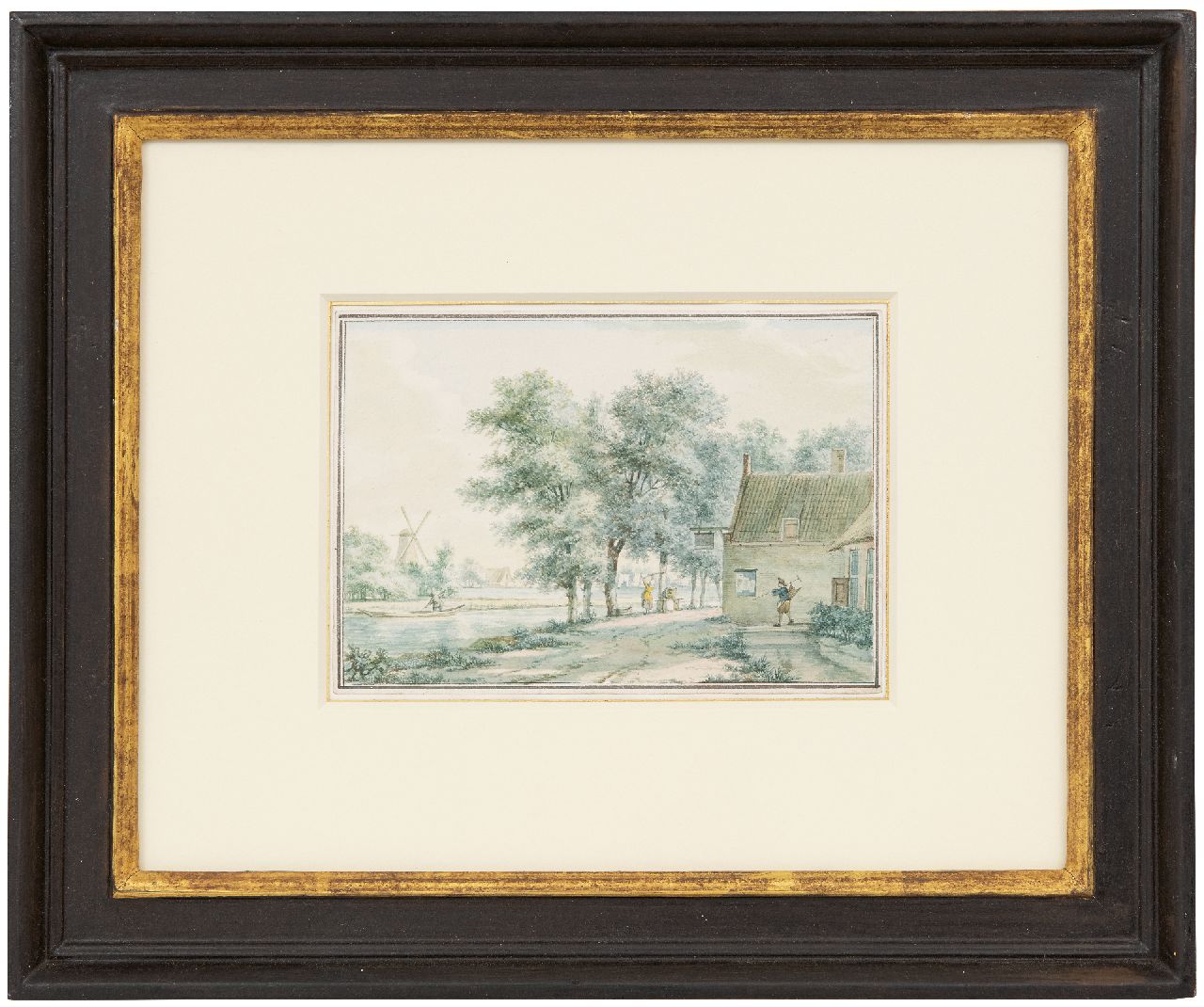 Schmidt I.  | Izaäk Schmidt | Aquarellen en tekeningen te koop aangeboden | Weg langs een vaart bij een herberg, aquarel op papier 12,0 x 17,5 cm, gesigneerd verso