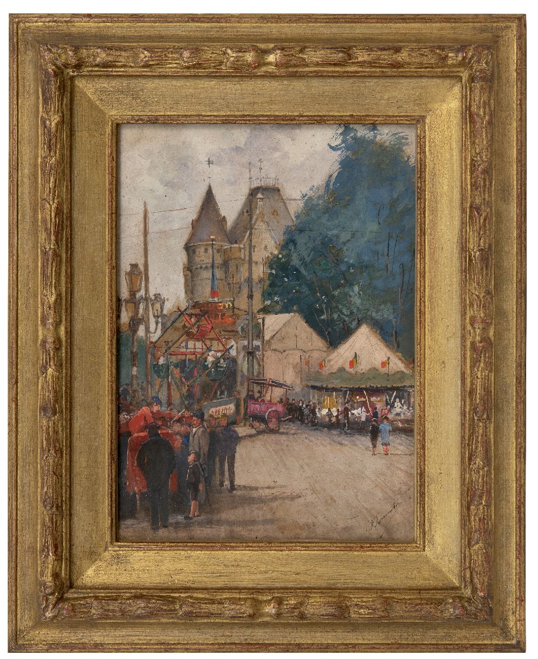 Jomouton F.  | Frédéric Jomouton | Aquarellen en tekeningen te koop aangeboden | Kermis bij Belgisch kasteel, aquarel op schildersboard 36,2 x 26,2 cm, gesigneerd rechtsonder