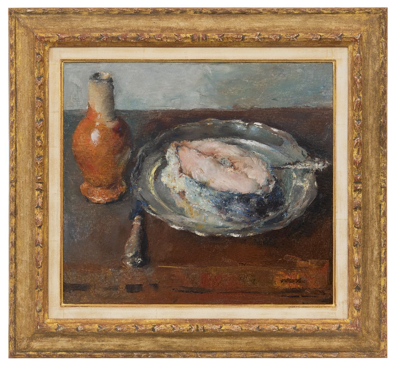 Vaes W. | Walter Vaes | Schilderijen te koop aangeboden | Moot vis op een tinnen bord, olieverf op doek 40,1 x 45,1 cm, gesigneerd rechtsonder Vaes W. | Walter Vaes | Schilderijen te koop aangeboden | Moot vis op een tinnen bord, olieverf op doek 40,1 x 45,1 cm, gesigneerd rechtsonder