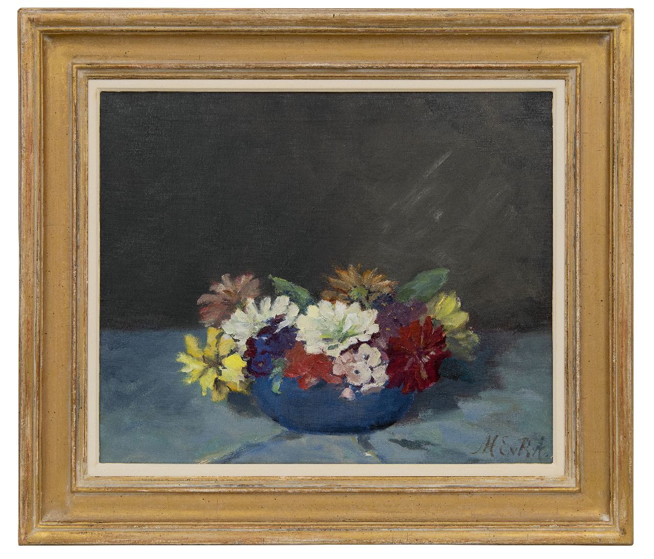 Regteren Altena M.E. van | 'Marie' Engelina van Regteren Altena, Zinnia's, olieverf op doek 39,2 x 48,3 cm, gesigneerd rechtsonder met initialen Regteren Altena M.E. van | 'Marie' Engelina van Regteren Altena, Zinnia's, olieverf op doek 39,2 x 48,3 cm, gesigneerd rechtsonder met initialen