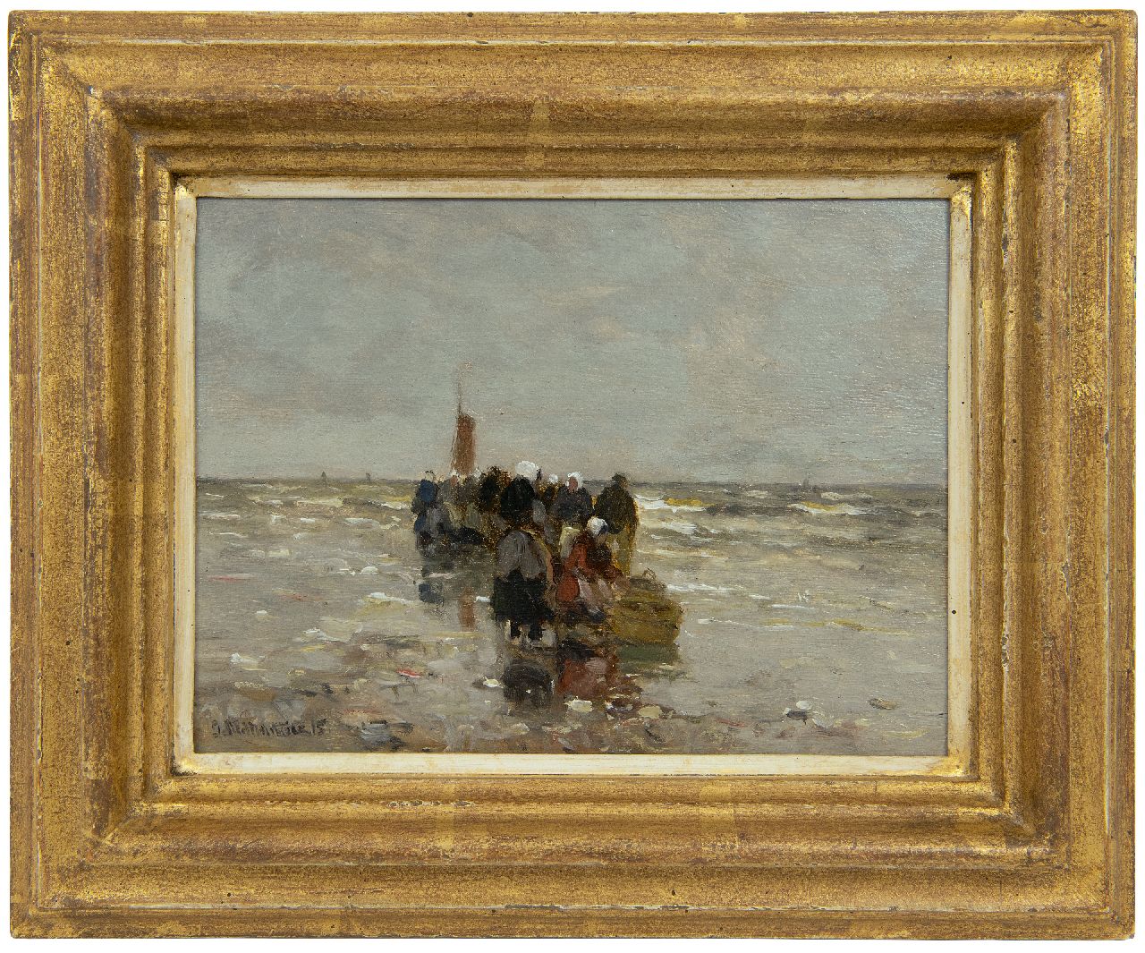 Munthe G.A.L. | Gerhard Arij Ludwig 'Morgenstjerne' Munthe, Visverkoopsters wachtend op het strand van Katwijk, olieverf op paneel 16,0 x 21,0 cm, gesigneerd linksonder en gedateerd '15 Munthe G.A.L. | Gerhard Arij Ludwig 'Morgenstjerne' Munthe, Visverkoopsters wachtend op het strand van Katwijk, olieverf op paneel 16,0 x 21,0 cm, gesigneerd linksonder en gedateerd '15