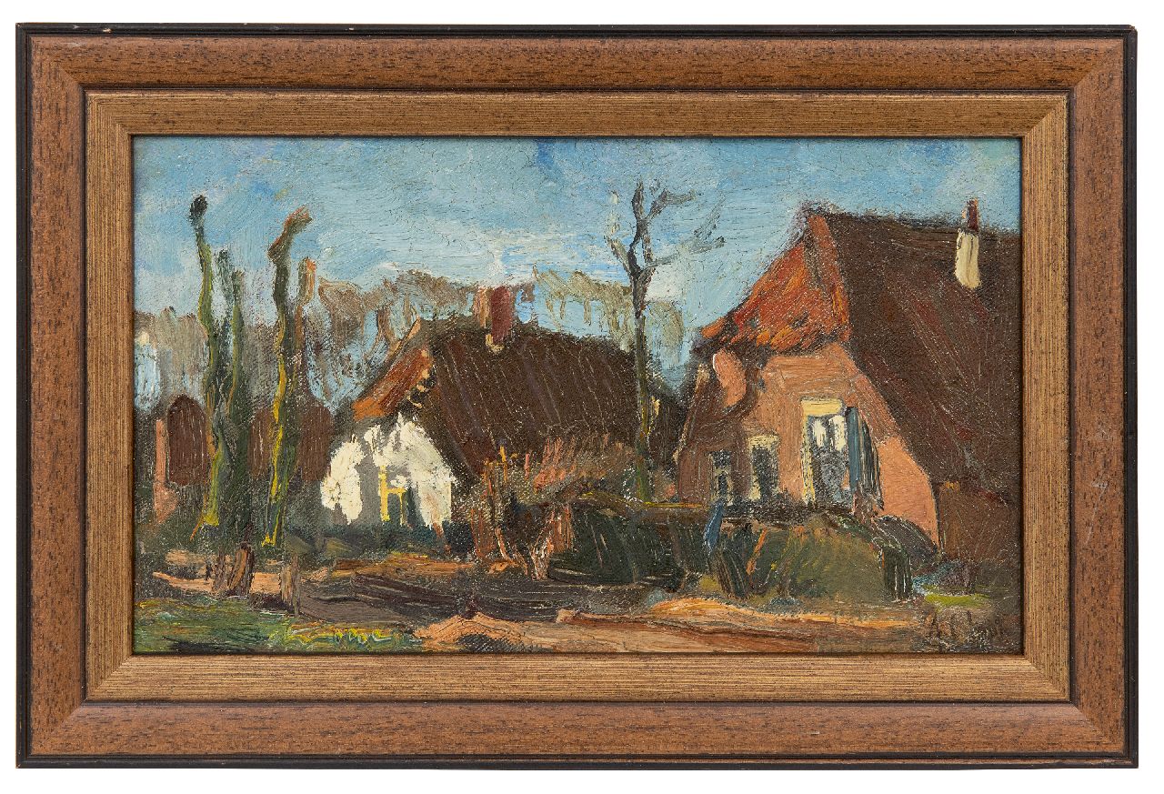 Colnot A.J.G.  | 'Arnout' Jacobus Gustaaf Colnot | Schilderijen te koop aangeboden | Boerderijen aan een dorpsweg, olieverf op doek op paneel 14,8 x 24,7 cm, gesigneerd rechtsonder