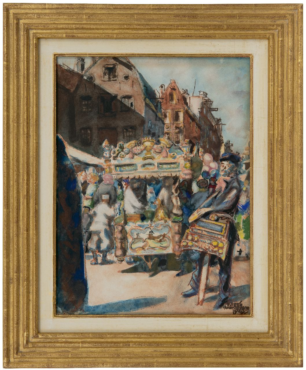 Monnickendam M.  | Martin Monnickendam, IJskar en draaiorgeltje op het Waterlooplein, Amsterdam, pastel en aquarel op papier 38,5 x 29,0 cm, gesigneerd rechtsonder en gedateerd 1925
