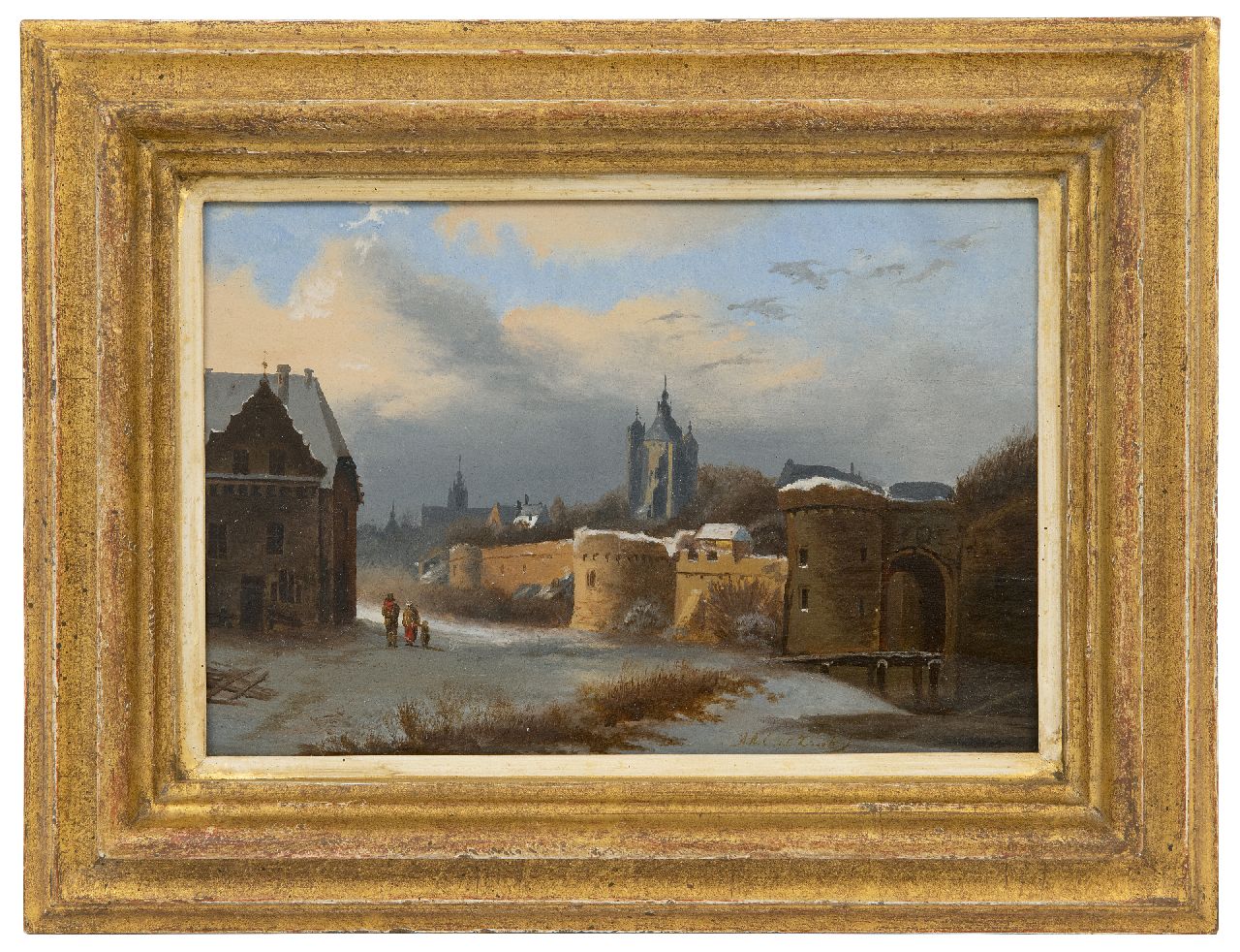 Zant A.A.C. van 't | Arnoldus Antonius Christianus van 't Zant | Schilderijen te koop aangeboden | Gezicht op een vestingstadje, olieverf op paneel 16,7 x 24,8 cm, gesigneerd rechtsonder