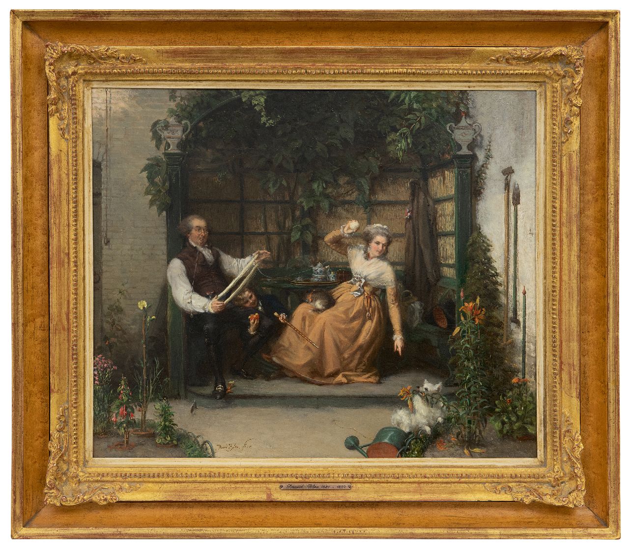 Bles D.J. | David Joseph Bles | Schilderijen te koop aangeboden | Het keeshondje; een Oranjegezinde familie in een tuinprieel, olieverf op paneel 37,0 x 43,9 cm, gesigneerd linksonder en gedateerd '55 Bles D.J. | David Joseph Bles | Schilderijen te koop aangeboden | Het keeshondje; een Oranjegezinde familie in een tuinprieel, olieverf op paneel 37,0 x 43,9 cm, gesigneerd linksonder en gedateerd '55