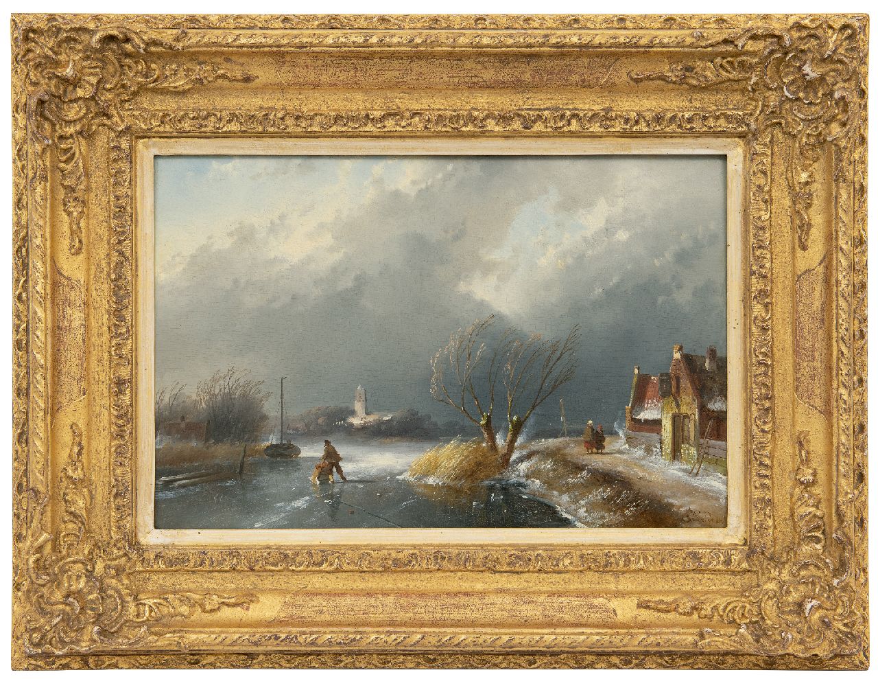 Leickert C.H.J.  | 'Charles' Henri Joseph Leickert | Schilderijen te koop aangeboden | Winterlandschap met naderende sneeuwstorm, olieverf op paneel 23,0 x 34,9 cm, gesigneerd rechtsonder