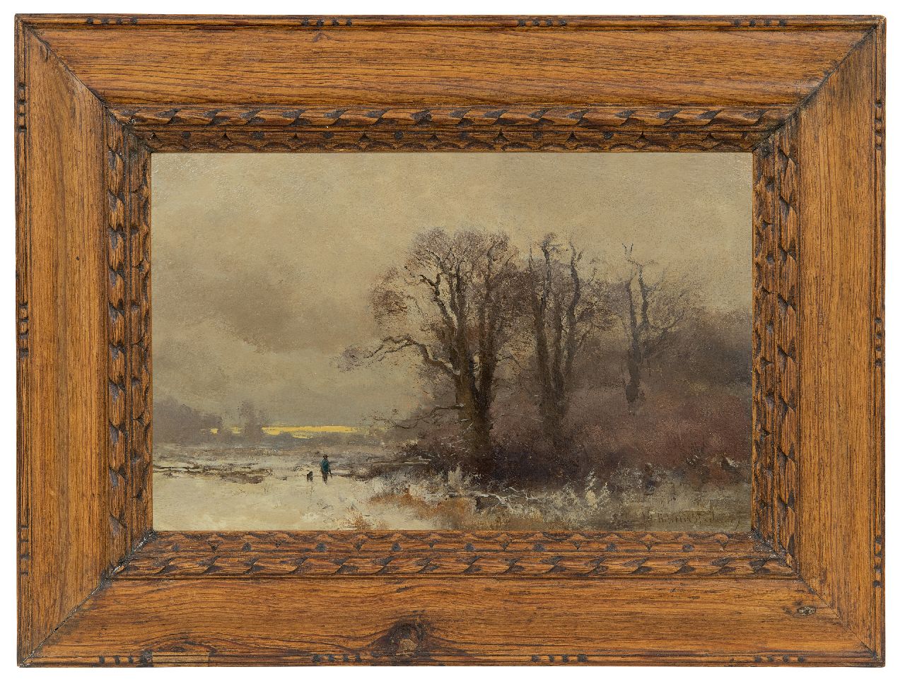 Hollestelle J.H.  | Jacob Huijbrecht Hollestelle, Jager en zijn hond in een sneeuwlandschap, olieverf op paneel 20,5 x 31,6 cm, gesigneerd rechtsonder en gedateerd '99