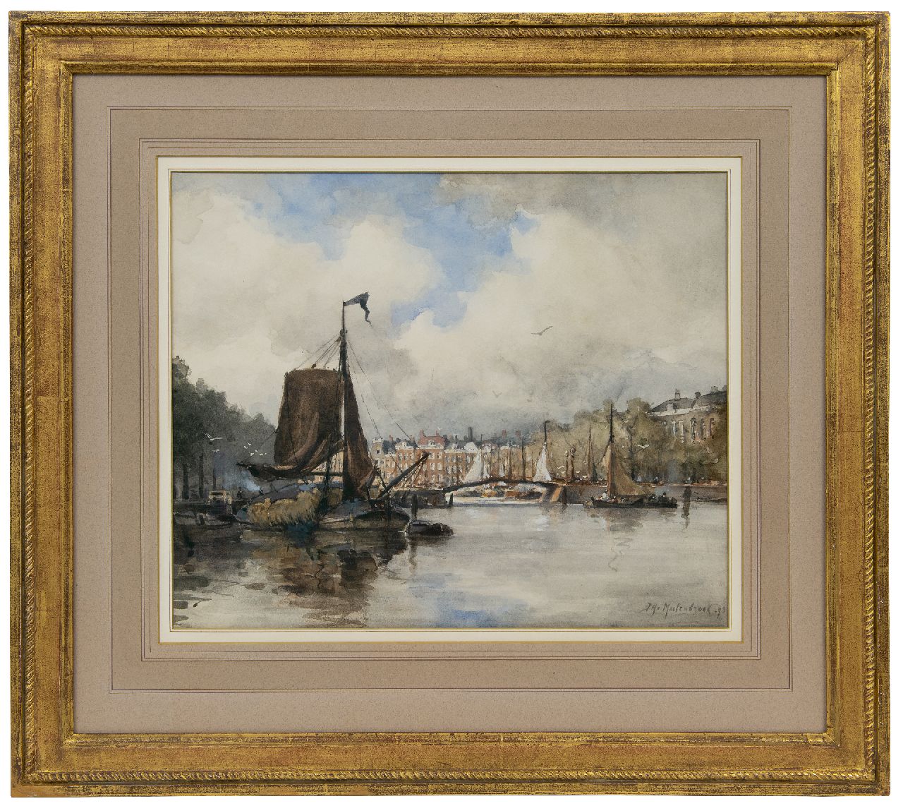 Mastenbroek J.H. van | Johan Hendrik van Mastenbroek | Aquarellen en tekeningen te koop aangeboden | Binnenhaven te Rotterdam, aquarel op papier 34,4 x 41,3 cm, gesigneerd rechtsonder en gedateerd '93
