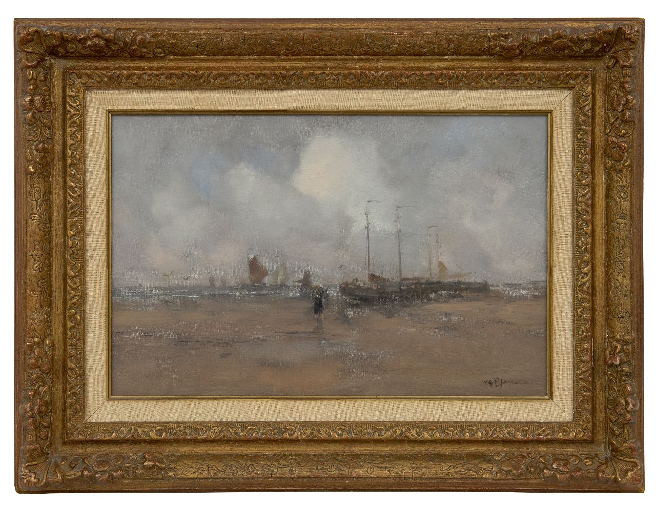 Jansen W.G.F.  | 'Willem' George Frederik Jansen | Schilderijen te koop aangeboden | Strandgezicht met vissersvrouw en pinken, olieverf op doek 30,1 x 45,5 cm, gesigneerd rechtsonder