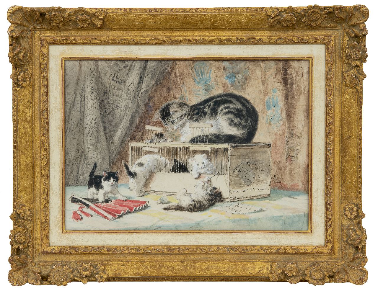 Ronner-Knip H.  | Henriette Ronner-Knip, Moederpoes en kittens spelend met een vogelkooi, aquarel op papier 30,0 x 55,0 cm, gesigneerd rechtsonder