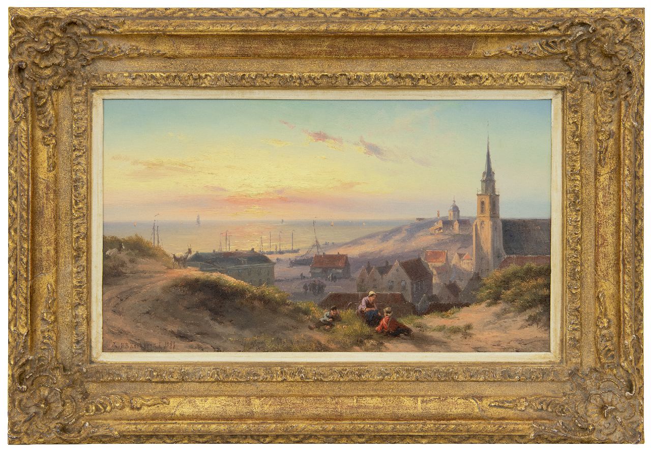 Koekkoek J.H.B. | Johannes Hermanus Barend 'Jan H.B.' Koekkoek, Zonsondergang aan het strand van Scheveningen met de Oude Kerk en de koepel van Faassen, olieverf op paneel 24,0 x 41,5 cm, gesigneerd linksonder en gedateerd 1888 VERKOCHT Koekkoek J.H.B. | Johannes Hermanus Barend 'Jan H.B.' Koekkoek, Zonsondergang aan het strand van Scheveningen met de Oude Kerk en de koepel van Faassen, olieverf op paneel 24,0 x 41,5 cm, gesigneerd linksonder en gedateerd 1888 VERKOCHT