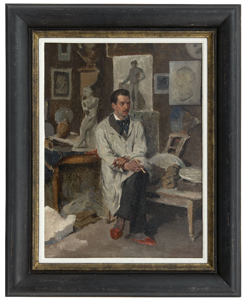 Weiland J. | Johannes Weiland, Kunstenaar in zijn atelier, olieverf op doek 49,2 x 37,7 cm, gesigneerd rechtsonder Weiland J. | Johannes Weiland, Kunstenaar in zijn atelier, olieverf op doek 49,2 x 37,7 cm, gesigneerd rechtsonder