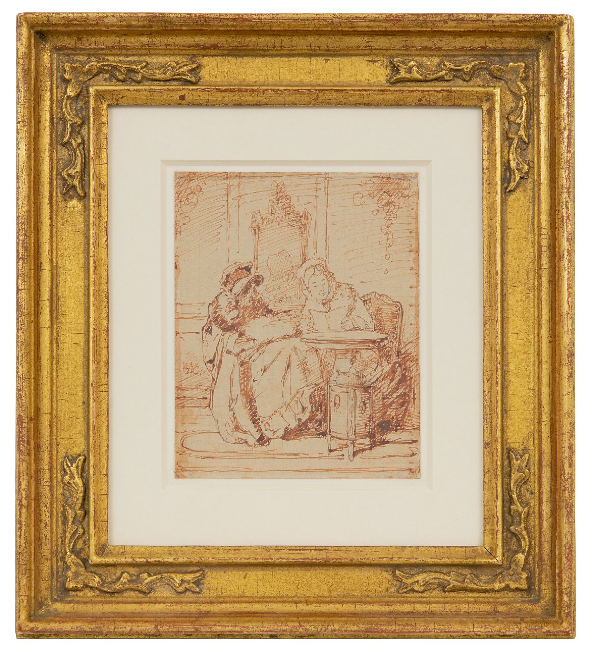 Bakker Korff A.H.  | Alexander Hugo Bakker Korff | Aquarellen en tekeningen te koop aangeboden | Het voorlezen van de brief, potlood, pen en inkt op papier 11,0 x 8,8 cm, gesigneerd links van het midden met monogram