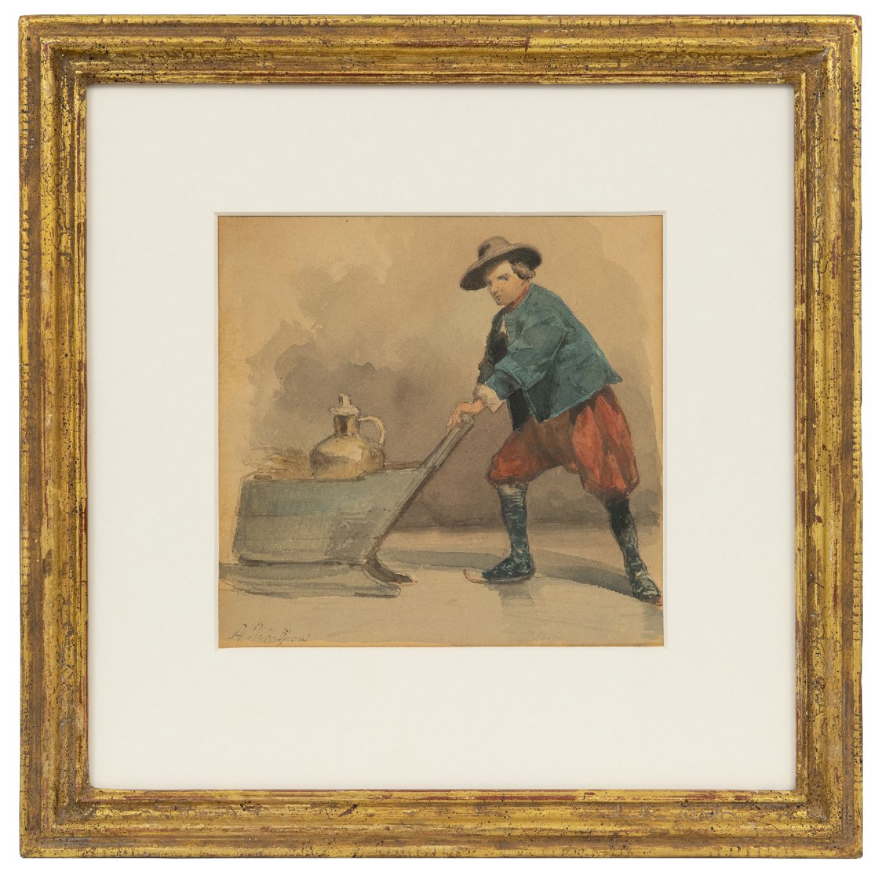 Schelfhout A. | Andreas Schelfhout, Schaatser met toogslee en koperen melkbus, aquarel op papier 23,0 x 21,0 cm, gesigneerd linksonder Schelfhout A. | Andreas Schelfhout, Schaatser met toogslee en koperen melkbus, aquarel op papier 23,0 x 21,0 cm, gesigneerd linksonder