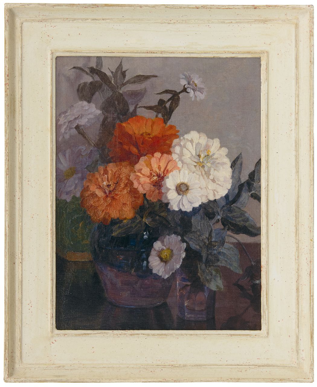 Haverkamp-Machwirth J.G.  | 'Johanna' Georgine  Haverkamp-Machwirth | Schilderijen te koop aangeboden | Zinnia's, olieverf op doek 40,5 x 30,5 cm, gesigneerd linksonder en te dateren ca. 1890-1907