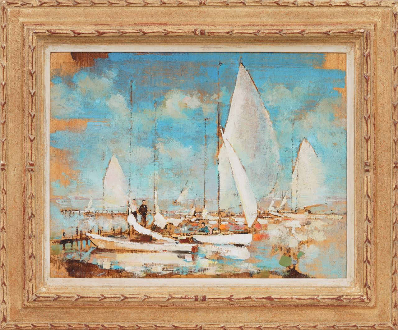 Kruizinga D. | Dirk Kruizinga, Zeilboten aan een steiger, olieverf op paneel 27,0 x 35,0 cm, gesigneerd linksonder Kruizinga D. | Dirk Kruizinga, Zeilboten aan een steiger, olieverf op paneel 27,0 x 35,0 cm, gesigneerd linksonder