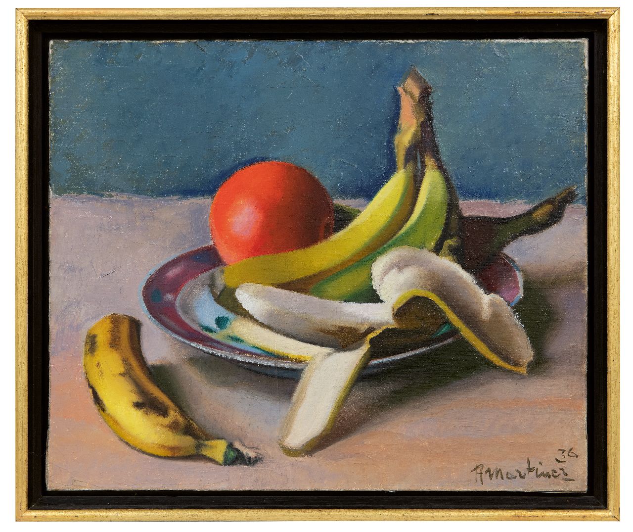 Martinez R. | Raoul Martinez | Schilderijen te koop aangeboden | Stilleven met bananen en sinaasappel, olieverf op doek 35,3 x 42,3 cm, gesigneerd rechtsonder en gedateerd '36 Martinez R. | Raoul Martinez | Schilderijen te koop aangeboden | Stilleven met bananen en sinaasappel, olieverf op doek 35,3 x 42,3 cm, gesigneerd rechtsonder en gedateerd '36