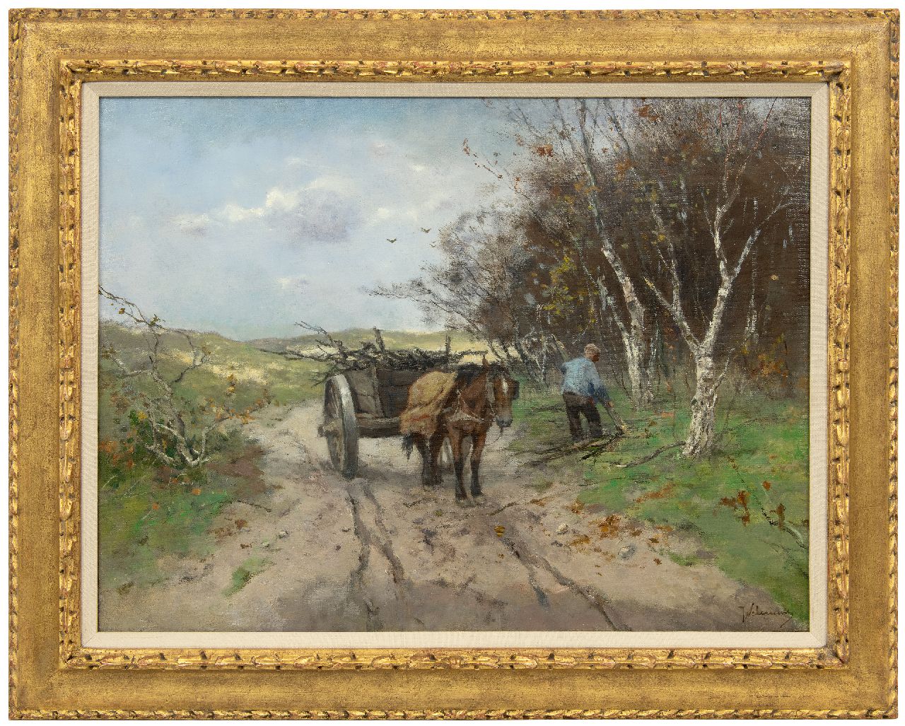 Scherrewitz J.F.C.  | Johan Frederik Cornelis Scherrewitz | Schilderijen te koop aangeboden | Houtsprokkelaar met paardenkar in een duinlandschap, olieverf op doek 50,0 x 65,5 cm, gesigneerd rechtsonder