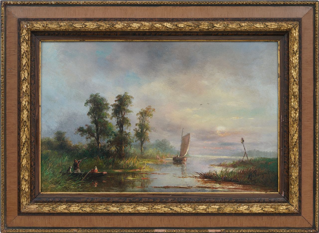 Prooijen A.J. van | Albert Jurardus van Prooijen, Plaslandschap met jager en zeilscheepje, olieverf op paneel 38,0 x 60,2 cm, gesigneerd rechtsonder en gedateerd '97 Prooijen A.J. van | Albert Jurardus van Prooijen, Plaslandschap met jager en zeilscheepje, olieverf op paneel 38,0 x 60,2 cm, gesigneerd rechtsonder en gedateerd '97