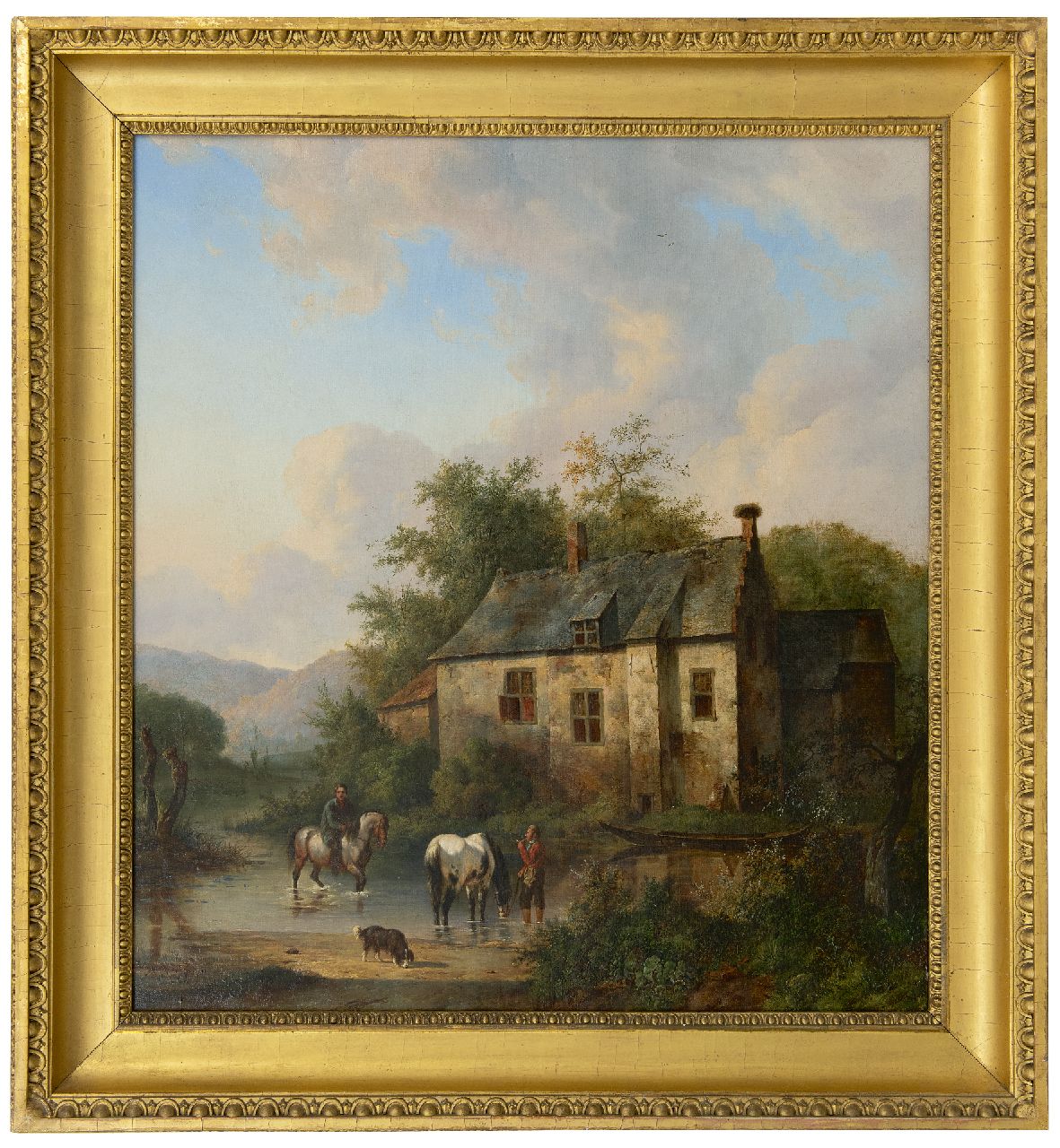 Verschuur W.  | Wouterus Verschuur, Gezicht op de Leenkamer van Kasteel Stapelen te Boxtel met hond, paarden en ruiters, olieverf op doek 70,5 x 63,7 cm, gesigneerd linksonder