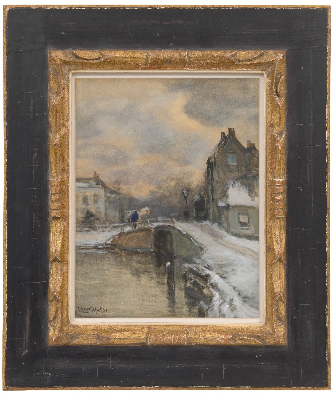 Apol L.F.H.  | Lodewijk Franciscus Hendrik 'Louis' Apol | Aquarellen en tekeningen te koop aangeboden | Winters dorpsgrachtje in de sneeuw, aquarel op papier op board 28,7 x 22,1 cm, gesigneerd linksonder