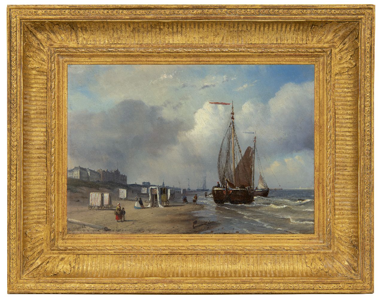 Schiedges P.P.  | Petrus Paulus Schiedges | Schilderijen te koop aangeboden | Het strand van Scheveningen met badkoetsen, vissersvolk en bomschuiten, olieverf op paneel 23,5 x 34,4 cm, gesigneerd linksonder en gedateerd '62