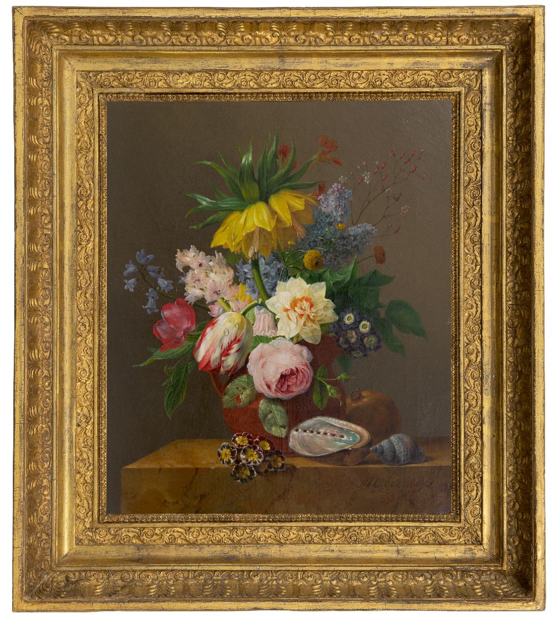 Oberman A.  | Anthony Oberman, Stilleven met bloemen, granaatappel en schelpen op een marmeren plint, olieverf op doek 47,0 x 39,5 cm, gesigneerd rechtsonder