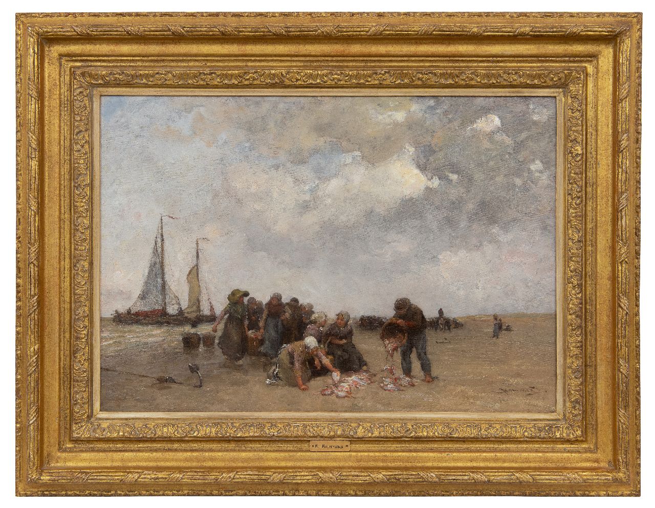 Blommers B.J.  | Bernardus Johannes 'Bernard' Blommers, Visverkoop op het strand van Scheveningen, olieverf op doek 39,5 x 58,0 cm, gesigneerd rechtsonder