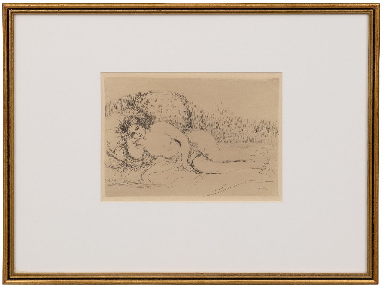 Renoir P.A. | Pierre 'Auguste' Renoir, Femme nue couchée, ets 13,4 x 19,4 cm, gesigneerd rechtsonder (in de plaat) en te dateren 1906 Renoir P.A. | Pierre 'Auguste' Renoir, Femme nue couchée, ets 13,4 x 19,4 cm, gesigneerd rechtsonder (in de plaat) en te dateren 1906