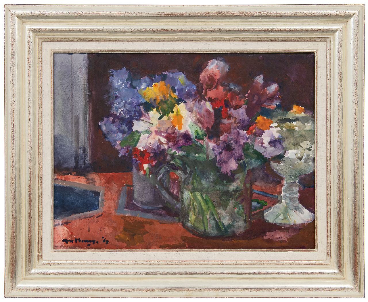 Verwey K.  | Kees Verwey | Aquarellen en tekeningen te koop aangeboden | Vazen met bloemen; verso: zomerbloemen, aquarel op papier 48,8 x 63,9 cm, gesigneerd linksonder en verso ook linksonder en gedateerd '69