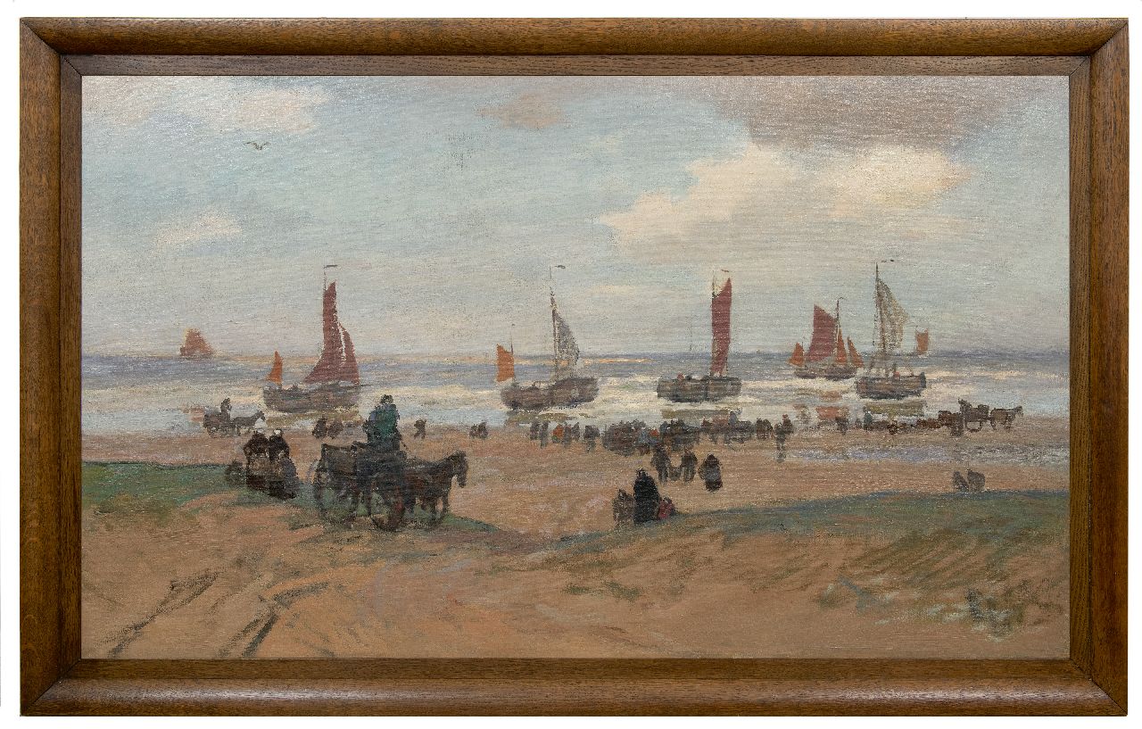 Sluiter J.W.  | Jan Willem 'Willy' Sluiter | Schilderijen te koop aangeboden | Wachten op de vangst op het strand van Katwijk aan Zee, olieverf op doek 89,0 x 149,5 cm, gesigneerd op spieraam en te dateren ca. 1898-1909