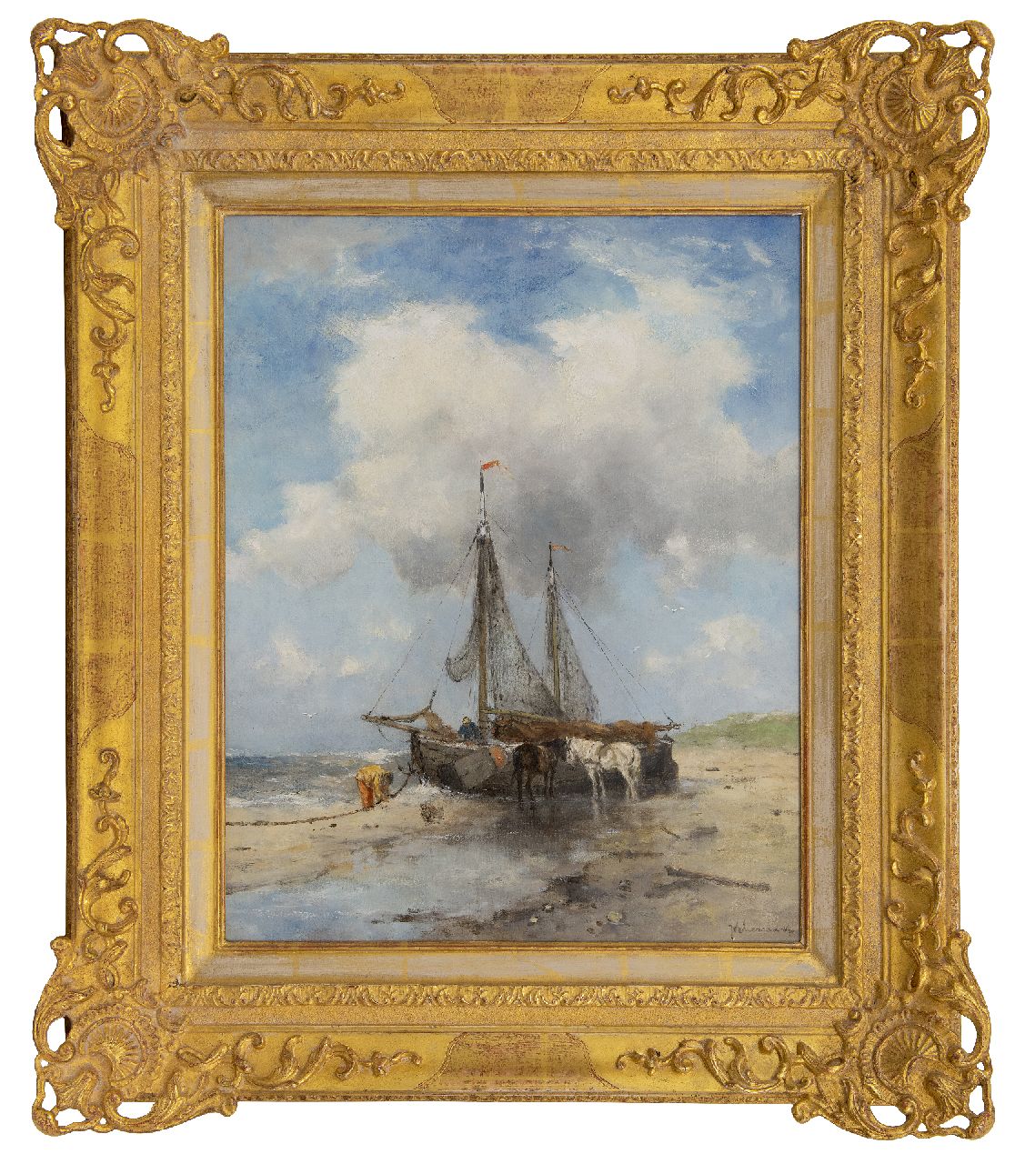 Scherrewitz J.F.C. | Johan Frederik Cornelis Scherrewitz | Schilderijen te koop aangeboden | Bomschuiten op het strand, olieverf op doek 50,5 x 40,5 cm, gesigneerd rechtsonder Scherrewitz J.F.C. | Johan Frederik Cornelis Scherrewitz | Schilderijen te koop aangeboden | Bomschuiten op het strand, olieverf op doek 50,5 x 40,5 cm, gesigneerd rechtsonder