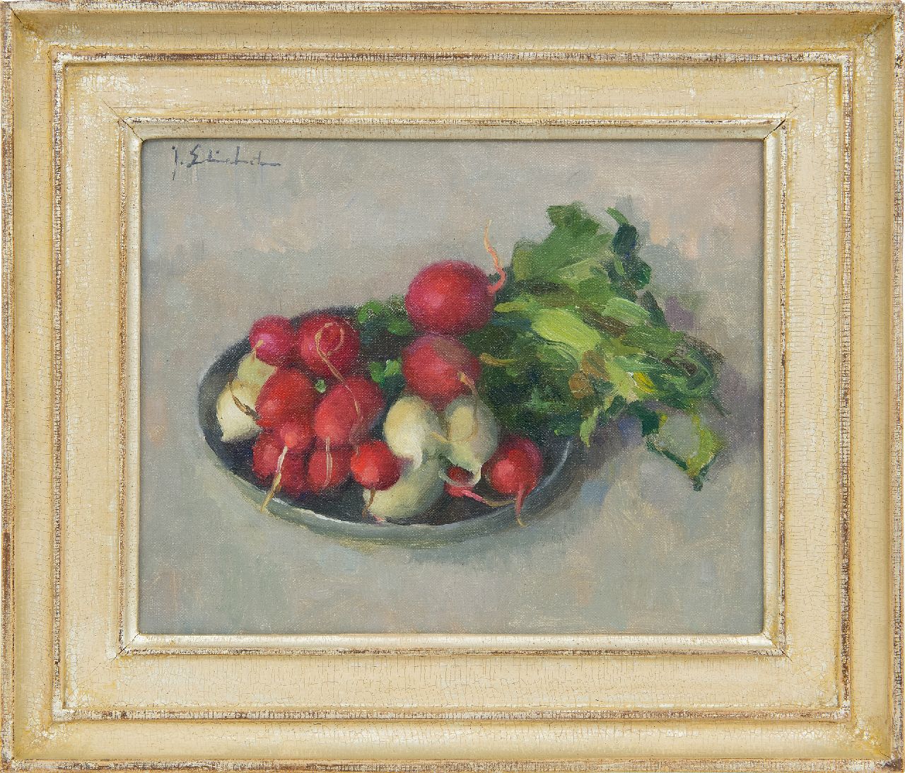 Stierhout J.A.U.  | Josephus Antonius Ubaldus 'Joop' Stierhout, Rode en witte radijs op een schotel, olieverf op doek 20,1 x 25,3 cm, gesigneerd linksboven
