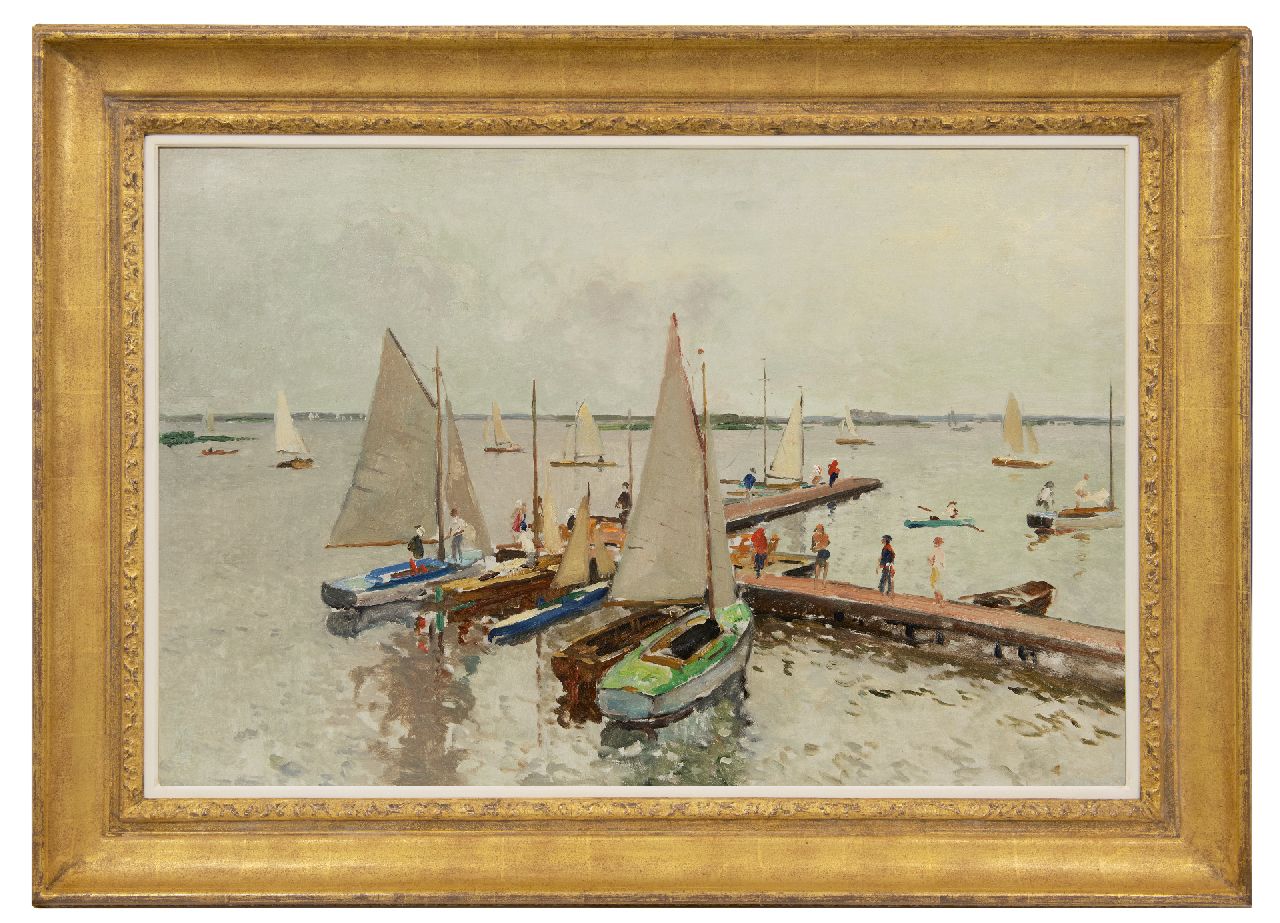 Vreedenburgh C.  | Cornelis Vreedenburgh, Afgemeerde zeilboten op de Loosdrechtse Plassen, olieverf op doek 59,0 x 89,0 cm, gesigneerd rechtsonder (resten) en te dateren ca. 1937