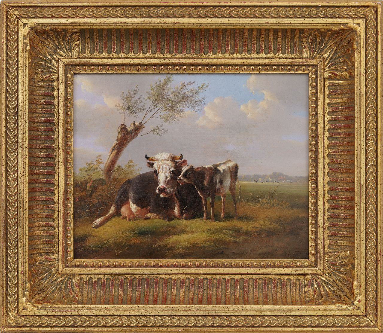 Verhoesen A. | Albertus Verhoesen, Koe en haar kalf in een weidelandschap, olieverf op paneel 23,0 x 29,8 cm, gesigneerd linksonder en gedateerd 1853 Verhoesen A. | Albertus Verhoesen, Koe en haar kalf in een weidelandschap, olieverf op paneel 23,0 x 29,8 cm, gesigneerd linksonder en gedateerd 1853