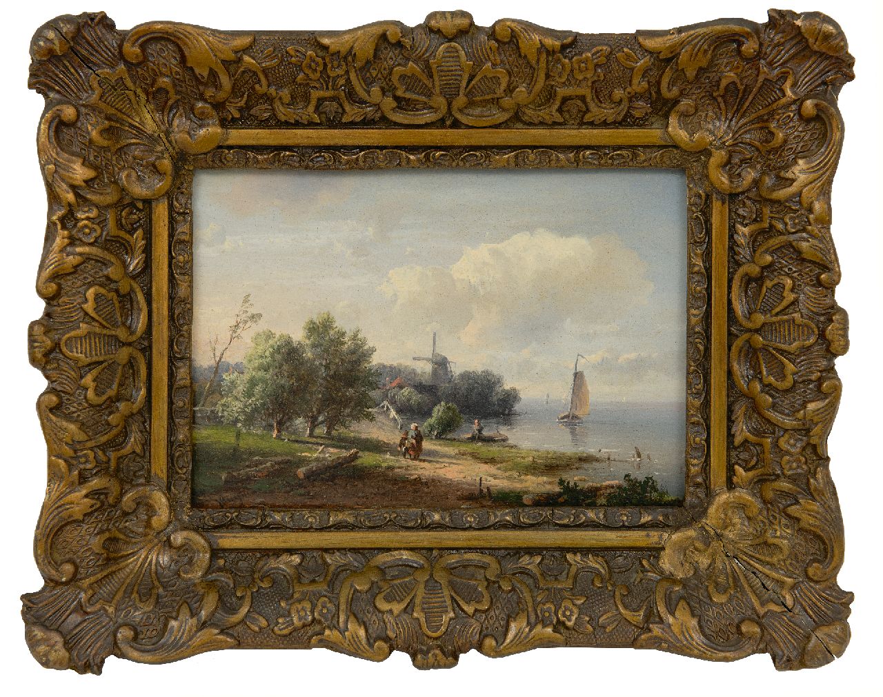 Kluyver P.L.F.  | 'Pieter' Lodewijk Francisco Kluyver | Schilderijen te koop aangeboden | Zomers landschap met figuren en molen langs het water, olieverf op paneel 13,2 x 18,5 cm, gesigneerd linksonder