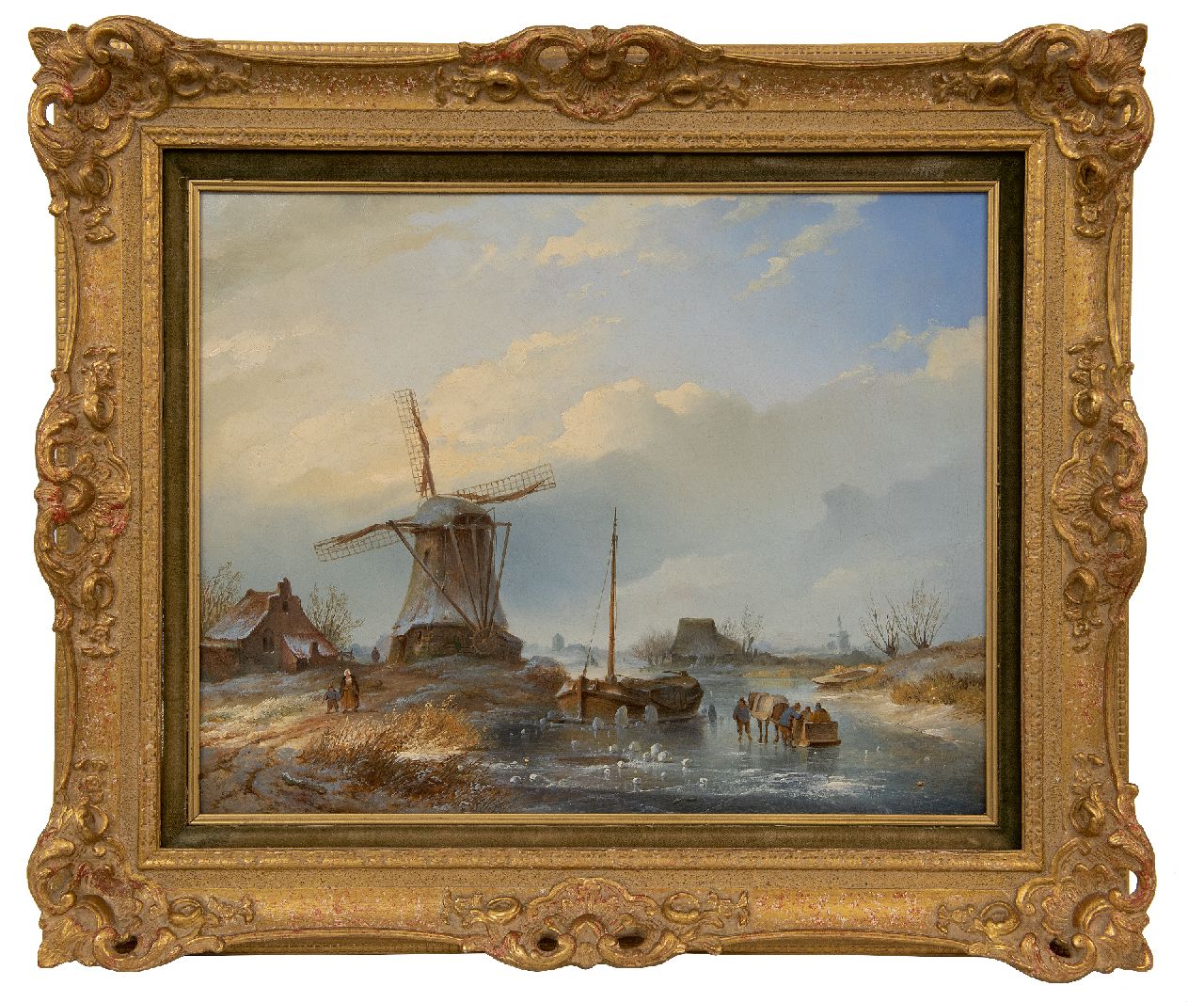 Hilverdink J.  | Johannes Hilverdink, Winterlandschap met figuren op het ijs bij een molen, olieverf op doek 40,0 x 50,5 cm, gesigneerd linksonder en gedateerd 1842